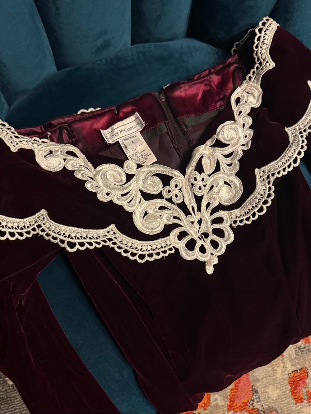 Insane Designer Whimsigoth Velvet Lace 1990’s Burgundy Deadstock Velvet Dress ♥️ - Picture 7 of 15